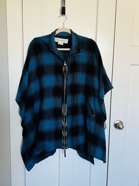 Treasure & Bond Blue and Black Plaid Zip-Front Cape